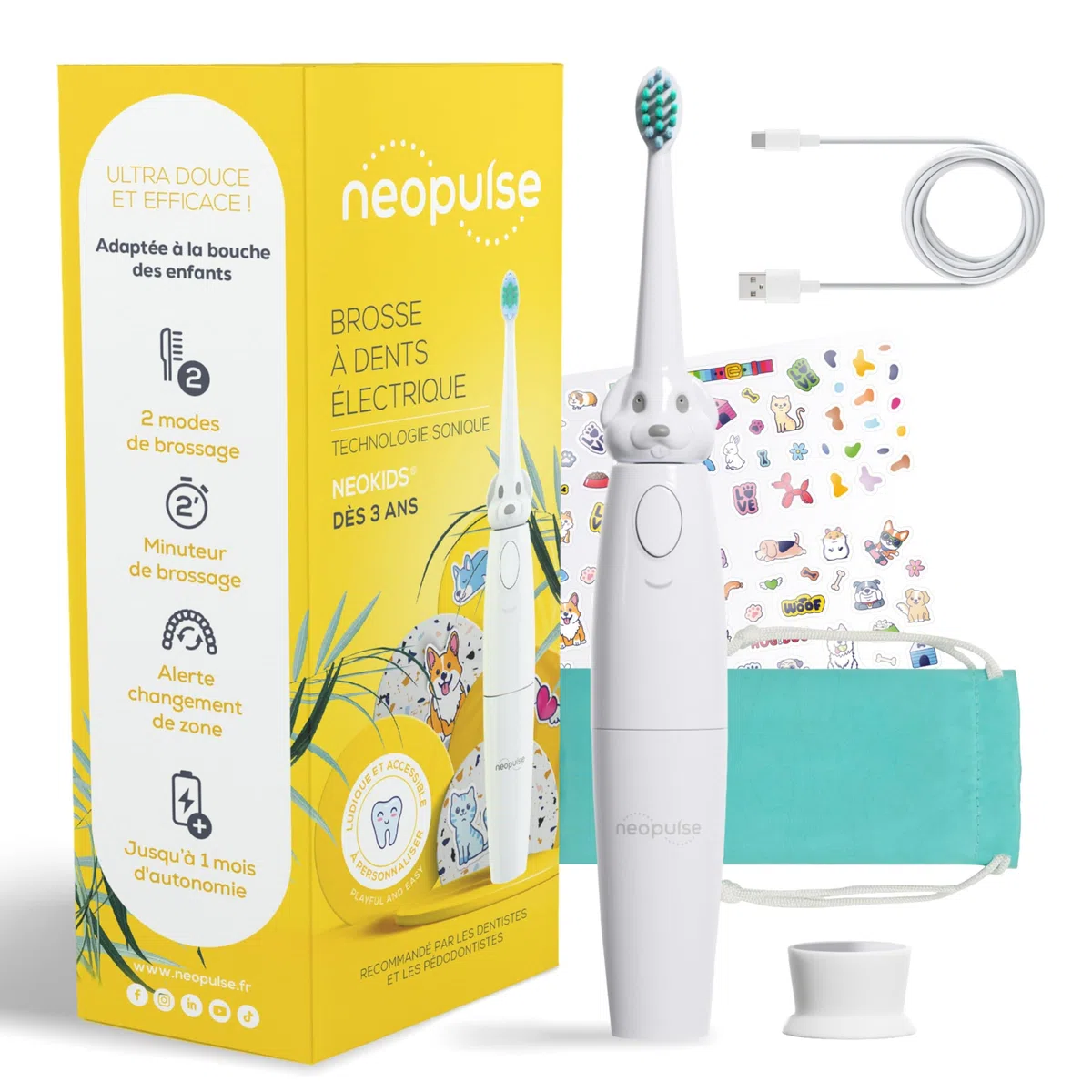 NEOPULSE® - NEOKIDS® - Brosse à Dents Électrique Enfant Sonique Rechargeable + 1 Brossette/tête de brosse blanche Ultra-Souple - dès 3 ans - 2 Modes - Minuteur - personnalisable avec 50 Autocollants